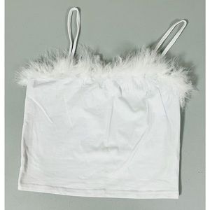 White Fur Trim Tank Crop Top Cami Camisole Shirt Tee Size S 🤍 #top #shirt #fur